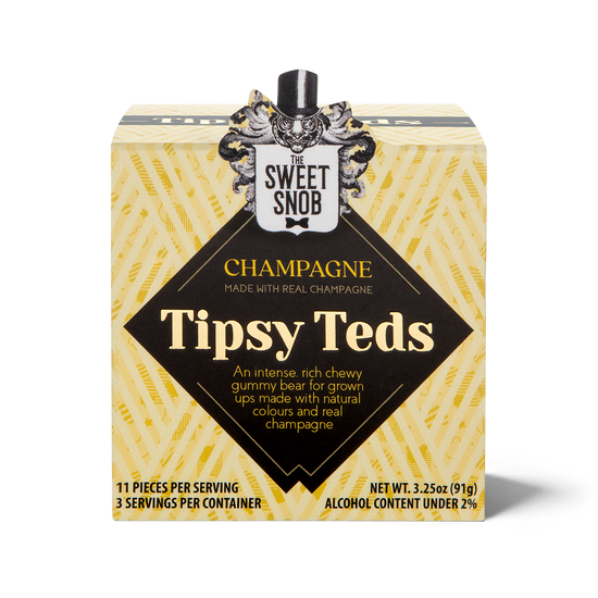 Champagne gummy bears by The Sweet Snob, in a patterned box with the brand logo.