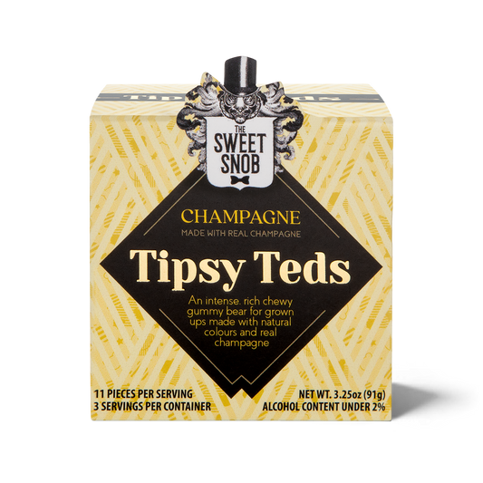 Champagne gummy bears by The Sweet Snob, in a patterned box with the brand logo.