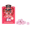 Strawberry royale chews by Miss Majesty, with a pink dusted coating, displayed next to the product box.
