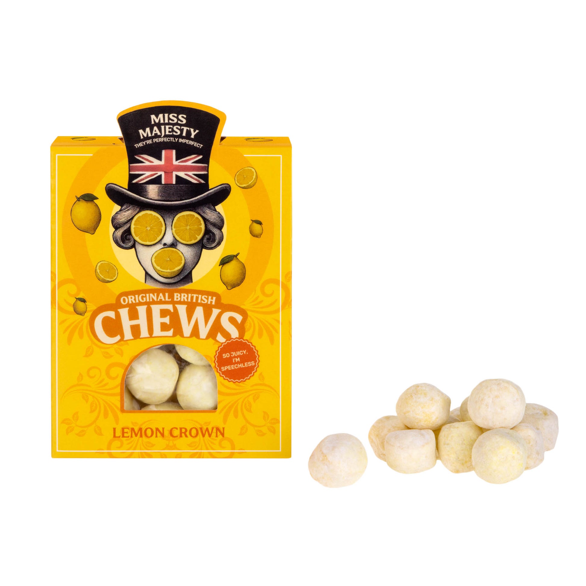 Lemon flavored gourmet chews by Miss Majesty, with yellow packaging and unwrapped candies.
