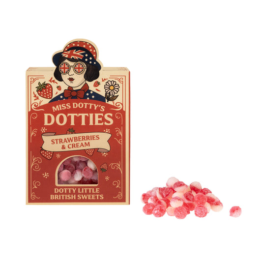 Strawberry and cream hard candies by Miss Dotty's, alongside the product's box featuring a vintage British design.