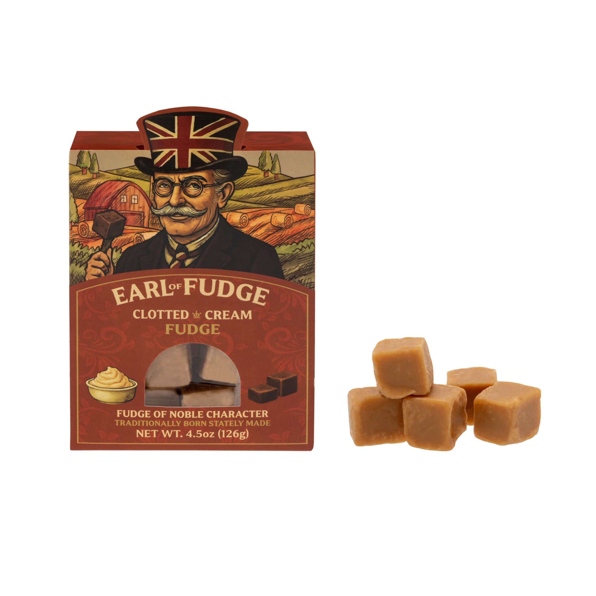 Clotted cream fudge by Earl of Fudge with a box featuring a British gentleman.