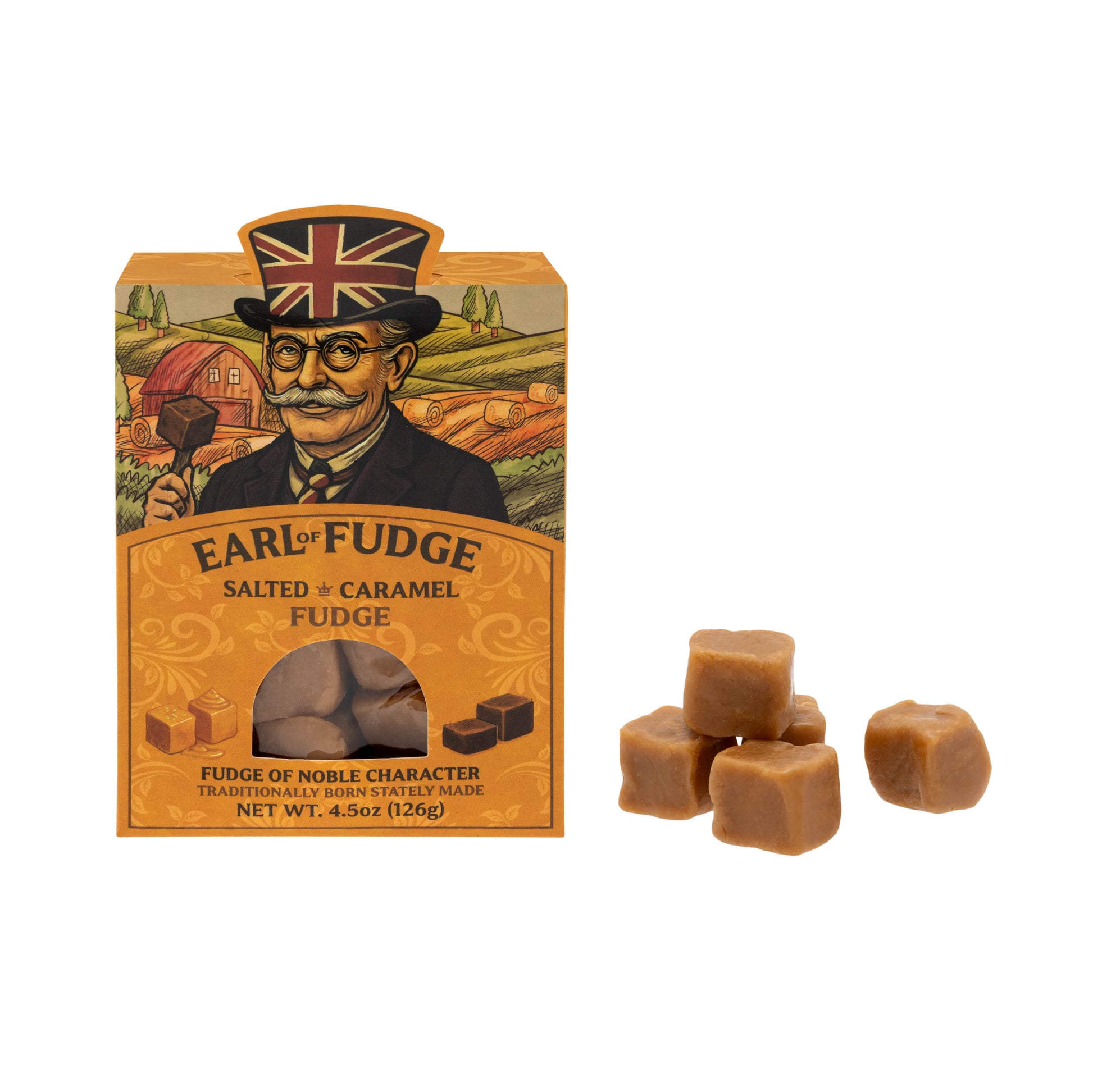 Salted caramel fudge by Earl of Fudge with a box featuring a gentleman wearing a Union Jack hat.
