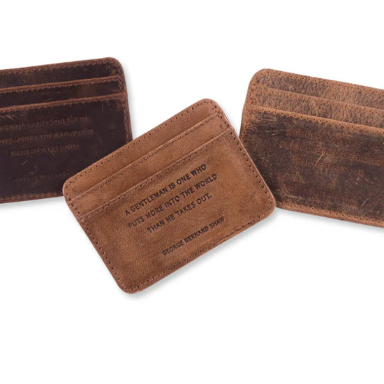 Distressed leather card wallet with engraved quote, from genuine leather in rustic shades of brown.