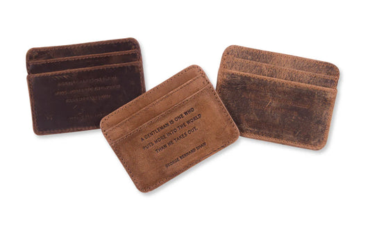 Distressed leather card wallet with engraved quote, from genuine leather in rustic shades of brown.