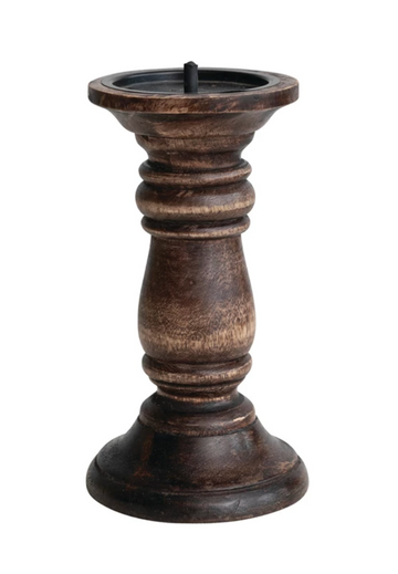 Brown mango wood candle holder from Kalalou with a rustic, hand-carved texture.