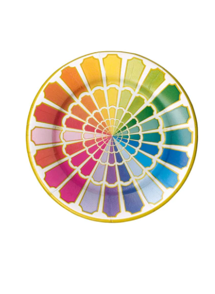 Rainbow paper plate from Color Wheel Collection with gold trim and a colorful geometric pattern.
