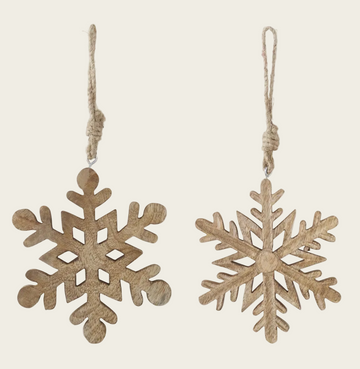 Wooden snowflake Christmas ornaments by CWI Gifts, with twine hangers.