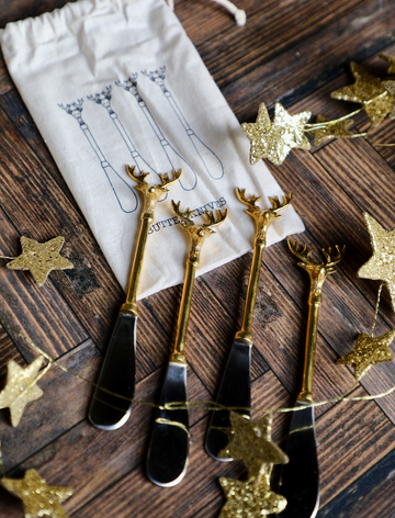 Stainless Steel and Brass Canape Knives, Set of 4