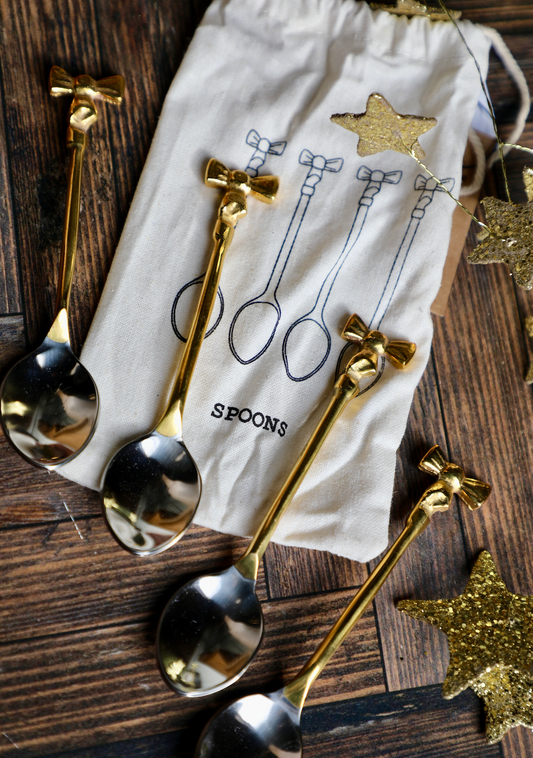 Coffee Spoons with Gold Finish Bow Handles, Set of 4