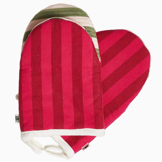 Set of two striped oven mitts by OA Home Co., with red, dark red, and white color schemes.