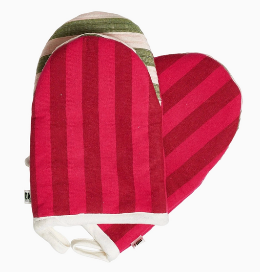Set of two striped oven mitts by OA Home Co., with red, dark red, and white color schemes.
