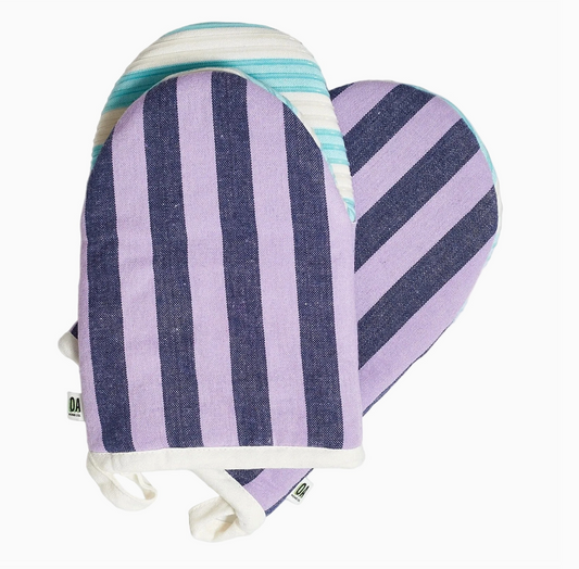 Striped oven mitt set of two by OA Home Co. with lavender and navy stripes and cotton hanging loops.