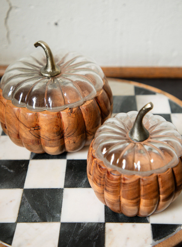 Wood Pumpkin Canister w/ Glass Lid