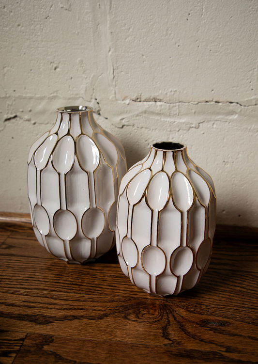 White & Gold Oval Embossed Vase