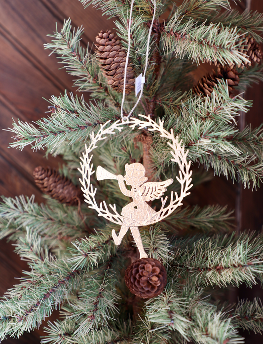 Metal Angel Sitting on Wreath with Trumpet Ornament