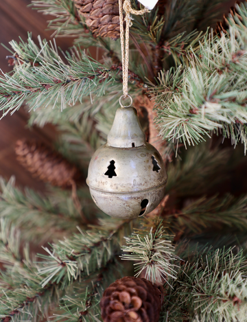 Distressed Metal Bell Ornament w/ Tree Cut Outs
