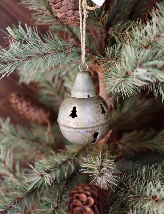 Distressed Metal Bell Ornament w/ Tree Cut Outs