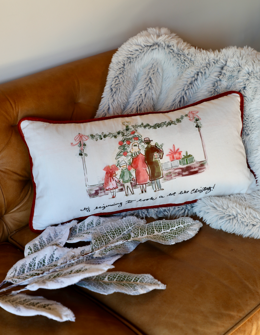 Cotton Printed Lumbar Pillow w/ Family, Piping & Velvet Back