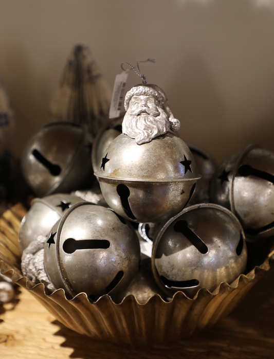 Metal Bell Ornament with Santa Head & Star Cut-Outs