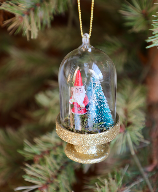 Glass Cloche Ornament with Glitter, Resin Gnome & Trees