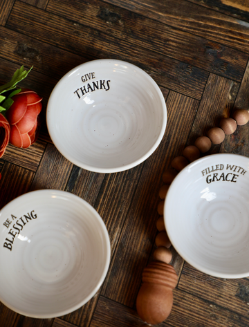 Stoneware Bowl w/ Stamped Saying, Cream Color
