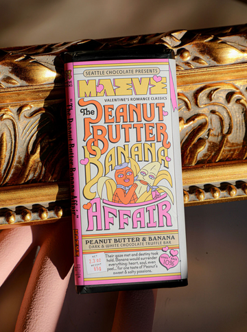 Peanut Butter Banana Affair truffle bar by Seattle Chocolate featuring playful illustration and colorful typography.