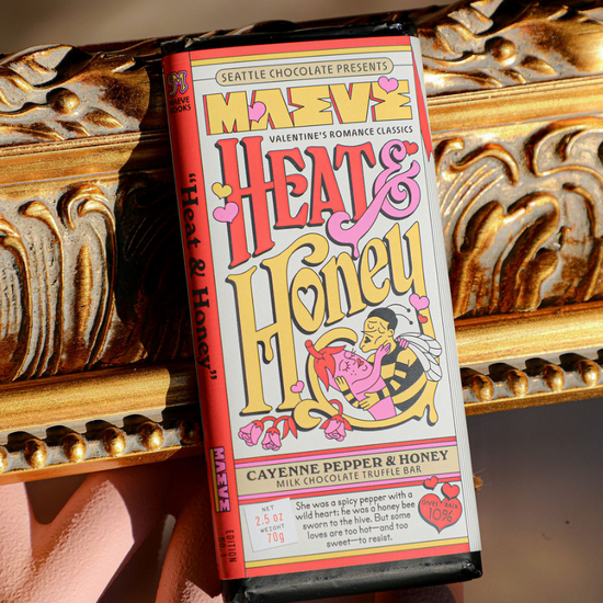 Heat & Honey milk chocolate truffle bar by Maeve Books with colorful Valentine's themed packaging.