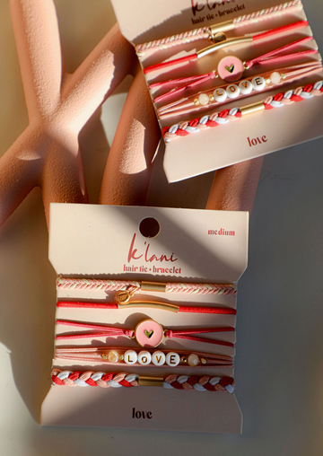 "Love" Pink Hearts Hair Tie Bracelets: Medium