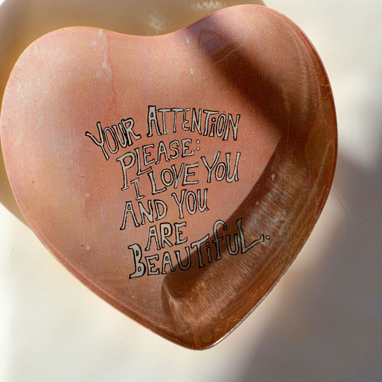 Heart decoupage plate with text by Unknown featuring glossy accents and shadow details.