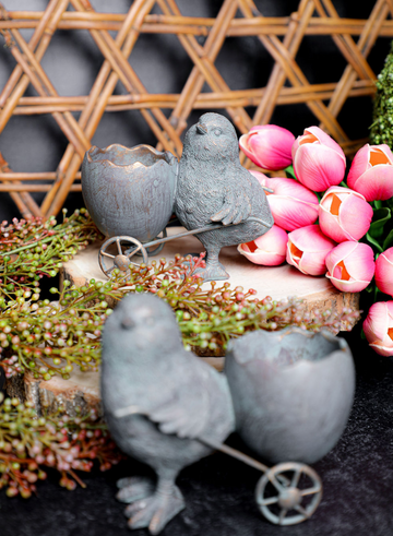 Resin chick and egg cart set, home decor with a rustic style, featuring a bird and small cart.