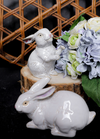 Two white ceramic rabbit figurines on a wooden block with flowers in the background.