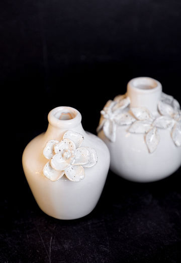 White Ceramic Vase with Raised Flower