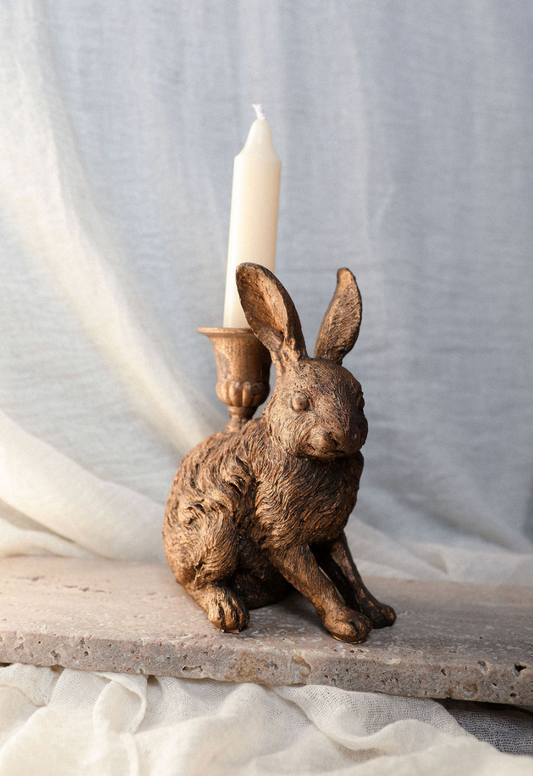 Resin Rabbit Taper Holder, Antique Gold Finish