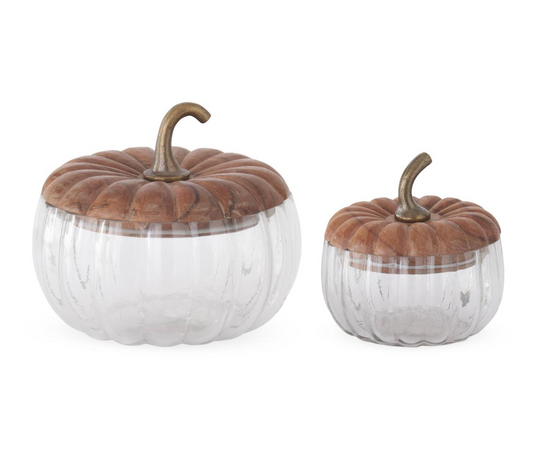 Wood Pumpkin Canister w/ Glass Lid