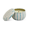 Printed tin candle by Paddywax with wisteria and willow scent, featuring blue pattern on white metal.