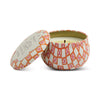 Patterned tin candle by an unspecified brand featuring a tulip print.