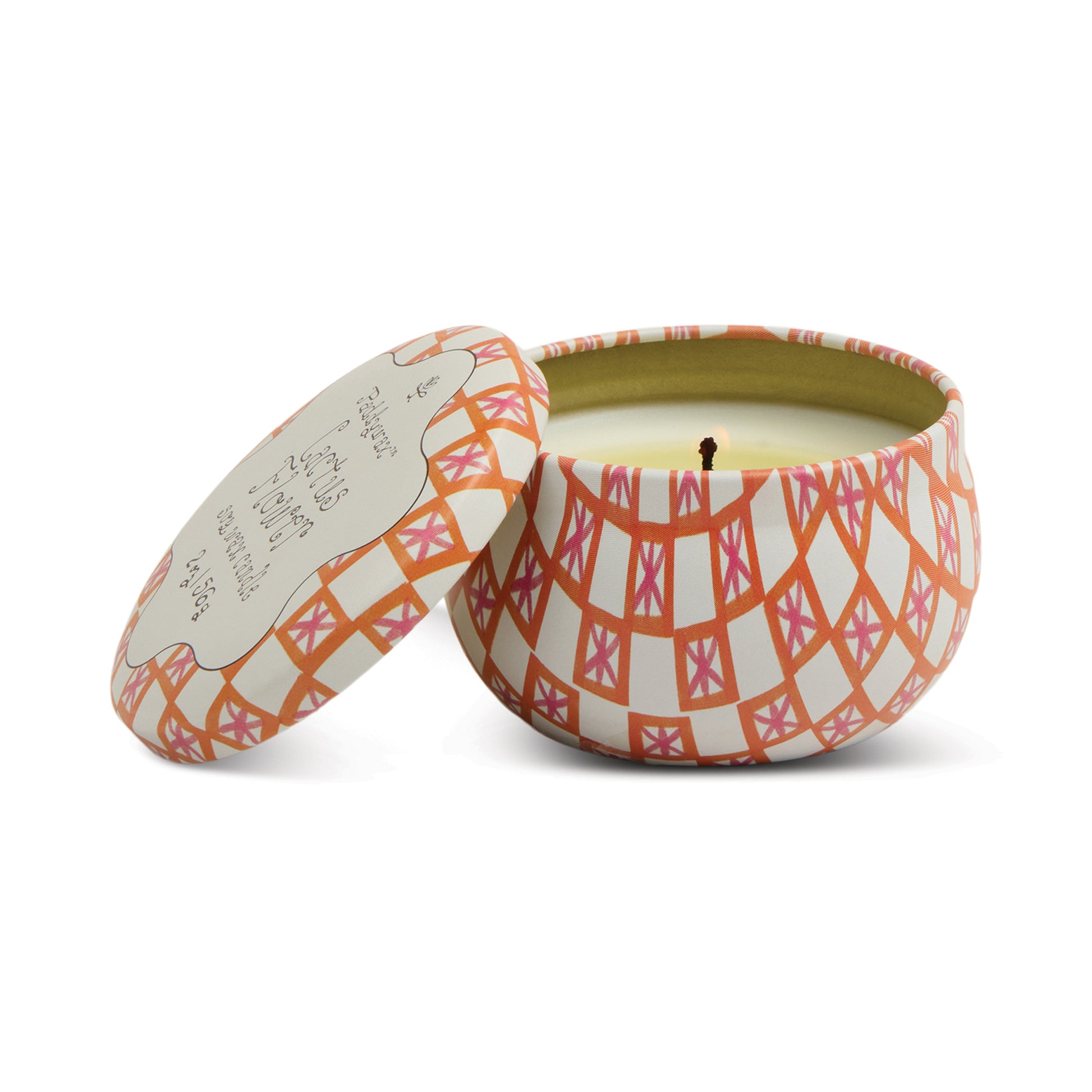 Patterned tin candle by an unspecified brand featuring a tulip print.