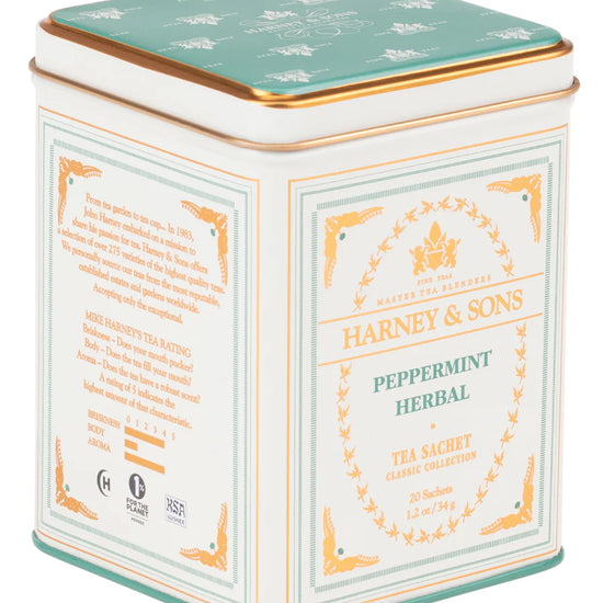 Peppermint herbal tea by Harney & Sons in a decorative tin box with gold trim.