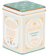 Peppermint herbal tea by Harney & Sons in a decorative tin box with gold trim.