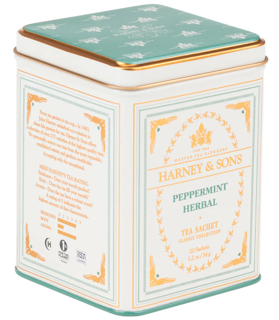 Peppermint herbal tea by Harney & Sons in a decorative tin box with gold trim.