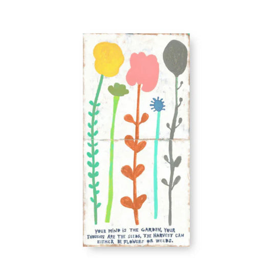 Decorative art tile from the Art Tile Collection featuring stylized flowers and an inspirational quote.
