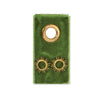 Gold sun stud earrings on green velvet gift tag with gold eyelet.