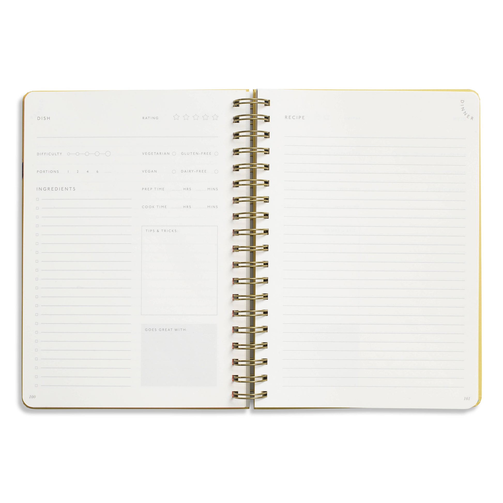 Open spiral-bound recipe journal with guided templates by Hanging Fruits, with blank lines to record ingredients and instructions.