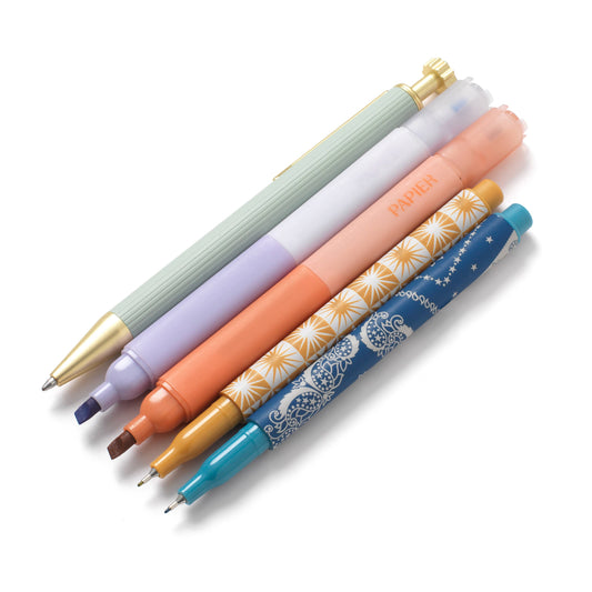 Set of five mixed stationery items by Solstice, including highlighters and pens, with pastel shades and patterned barrels.