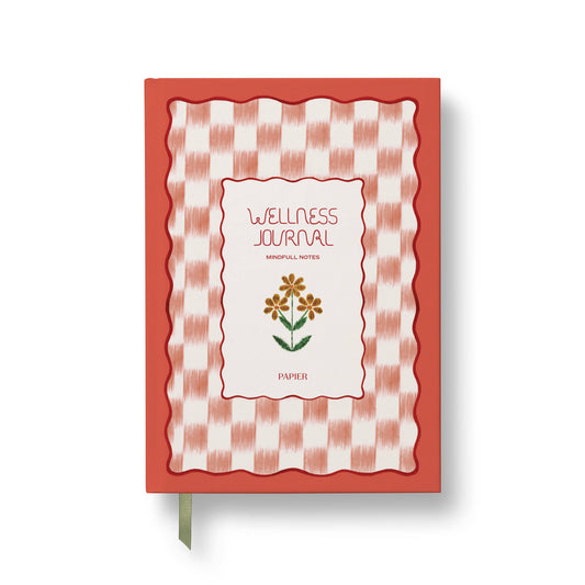 Floral ikat hardcover wellness journal from Papier, featuring a decorative frame and ribbon bookmark.