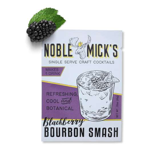 Single serve cocktail packet by Noble Mick's with a blackberry and mint garnish.
