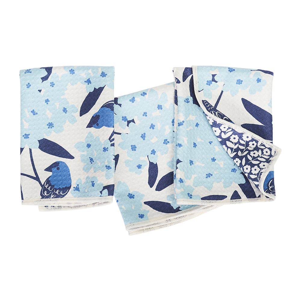 Set of three reversible mini towels from Nuthatch Birdsong with a floral and bird print.