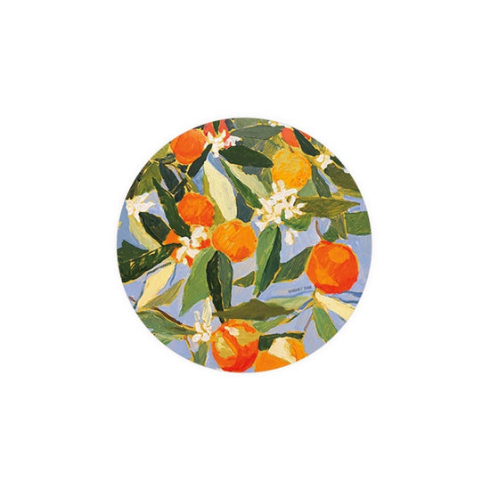 Round decorative coaster from Seedlings, featuring a vibrant orange fruit and blossom design.
