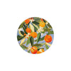 Round decorative coaster from Seedlings, featuring a vibrant orange fruit and blossom design.
